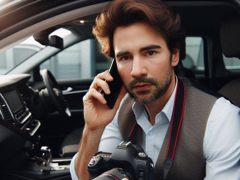 Mann im Auto mit Kamera und Handy, schaut direkt in die Kamera.